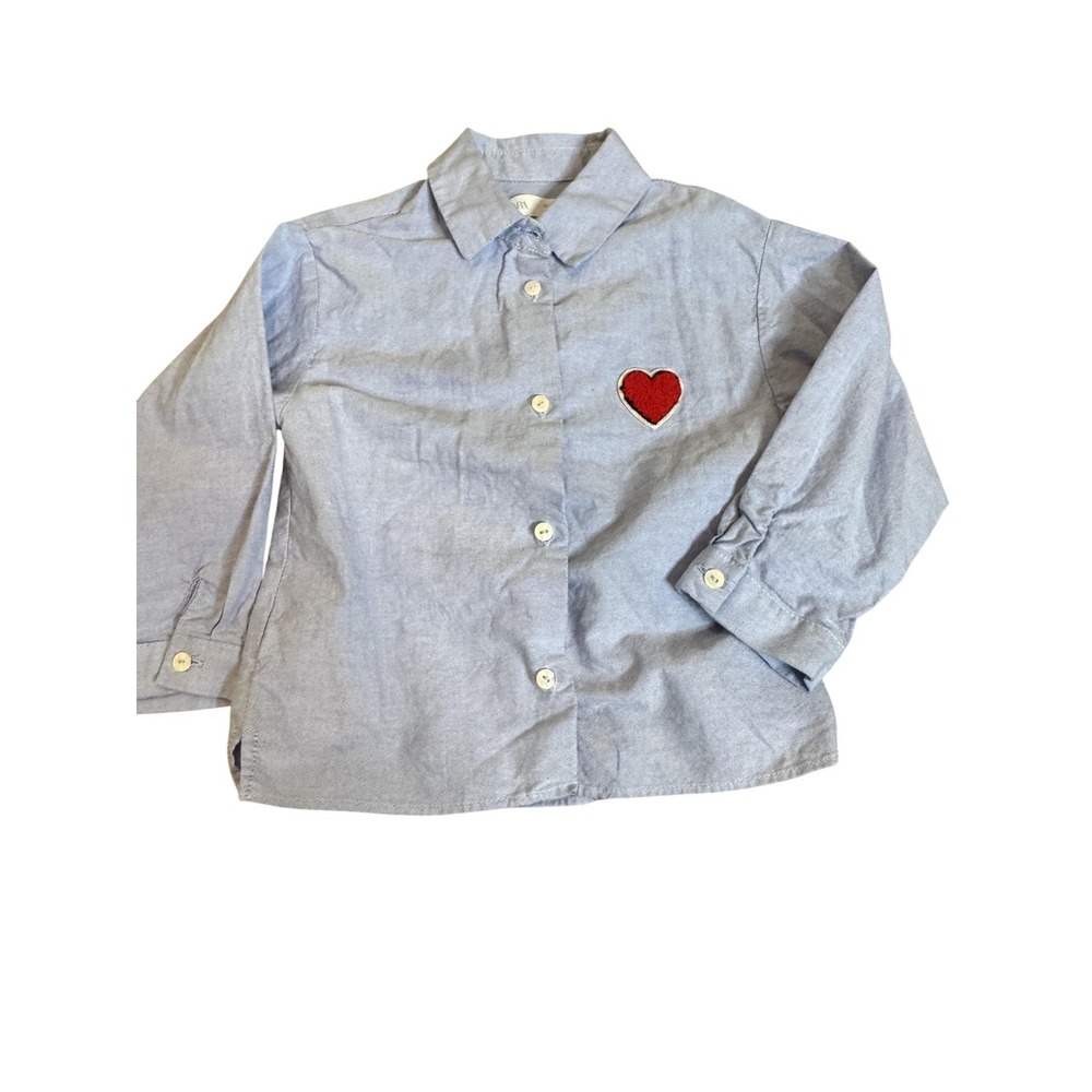 Zara Shirt Youth 4 Years Blue Button Up Long Sleeve Red Heart Patch Collared‎